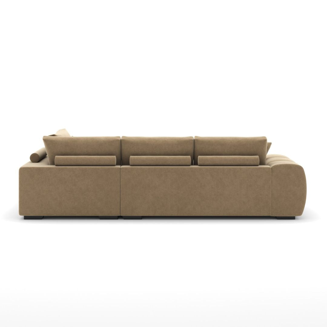 Brassex Zara taupe sectional sofa with plush upholstery and modern design, shown in a cozy living room setting.
