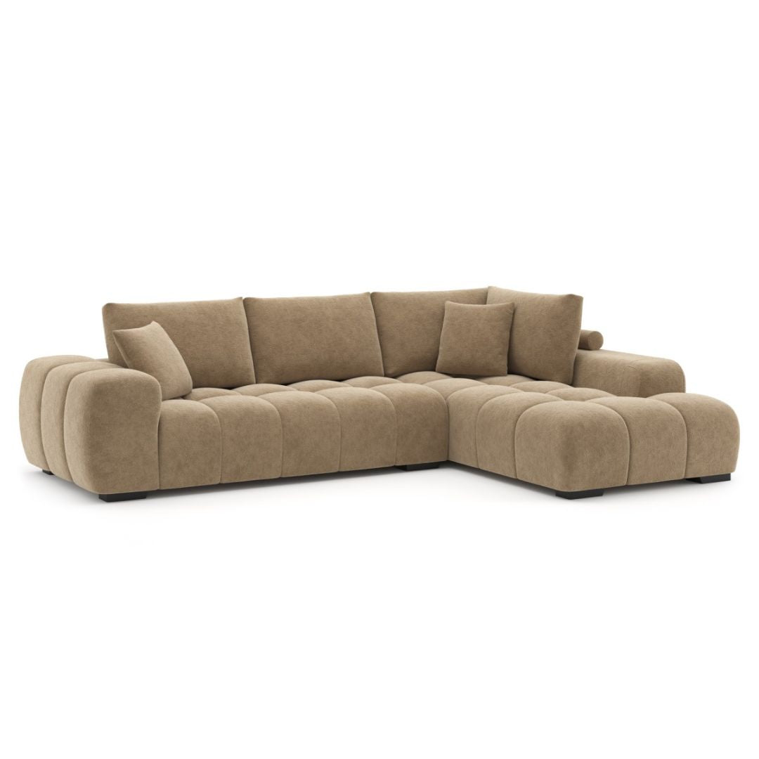 Brassex Zara taupe sectional sofa with plush polyester upholstery, featuring a right-hand facing design for modern living rooms.