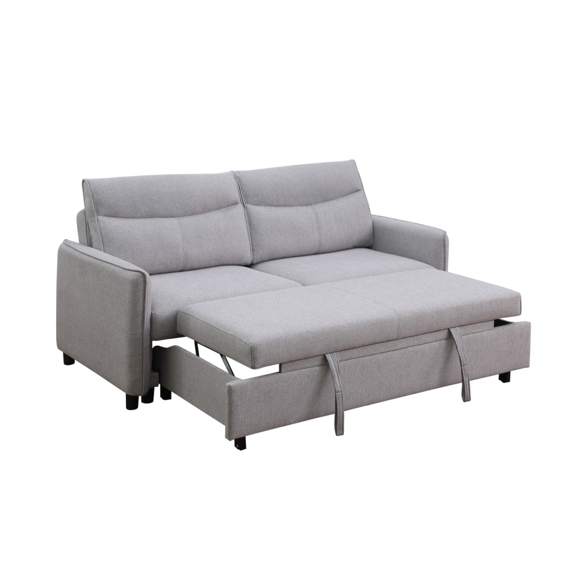 Brassex 3-seater sofa sleeper in light grey fabric, showing the sofa bed with cushions and a modern design.