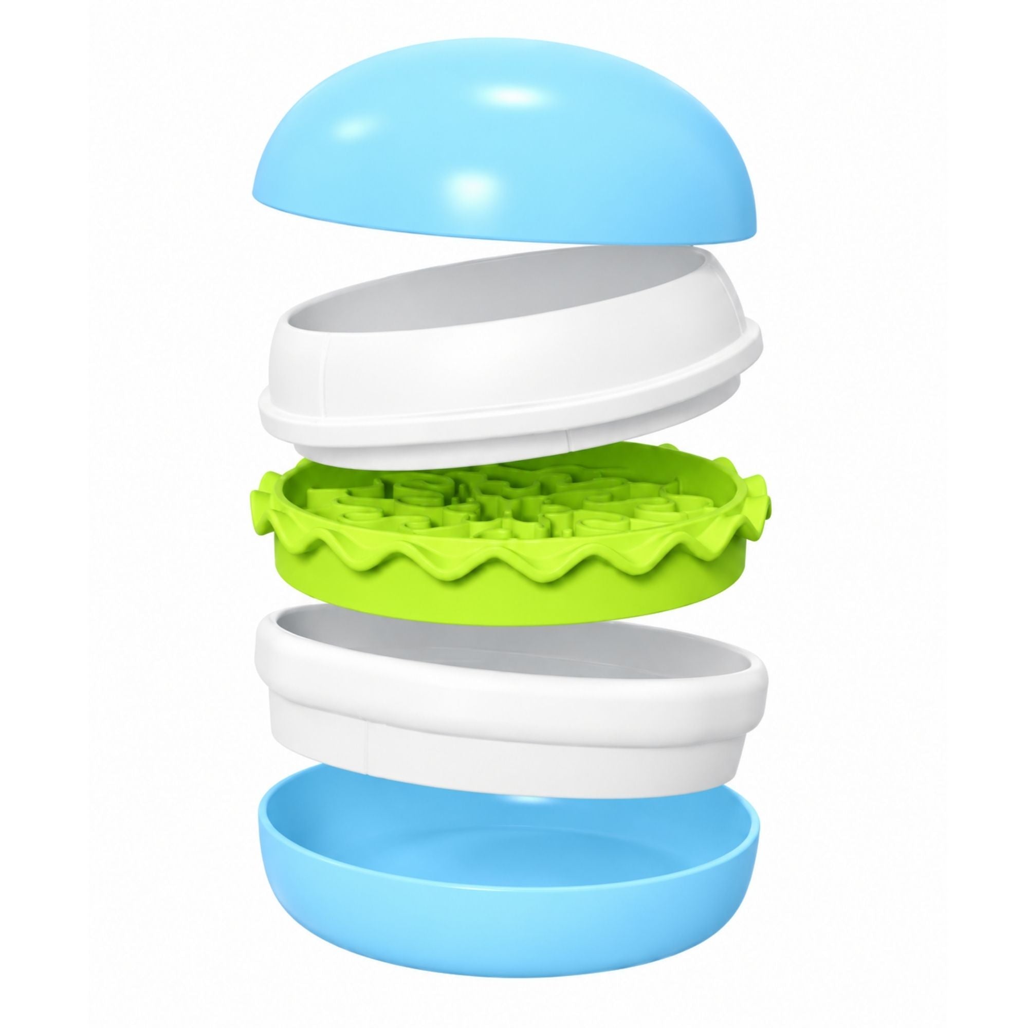 Light blue Superdesign hamburger-shaped slow feeder pet bowl displayed from above