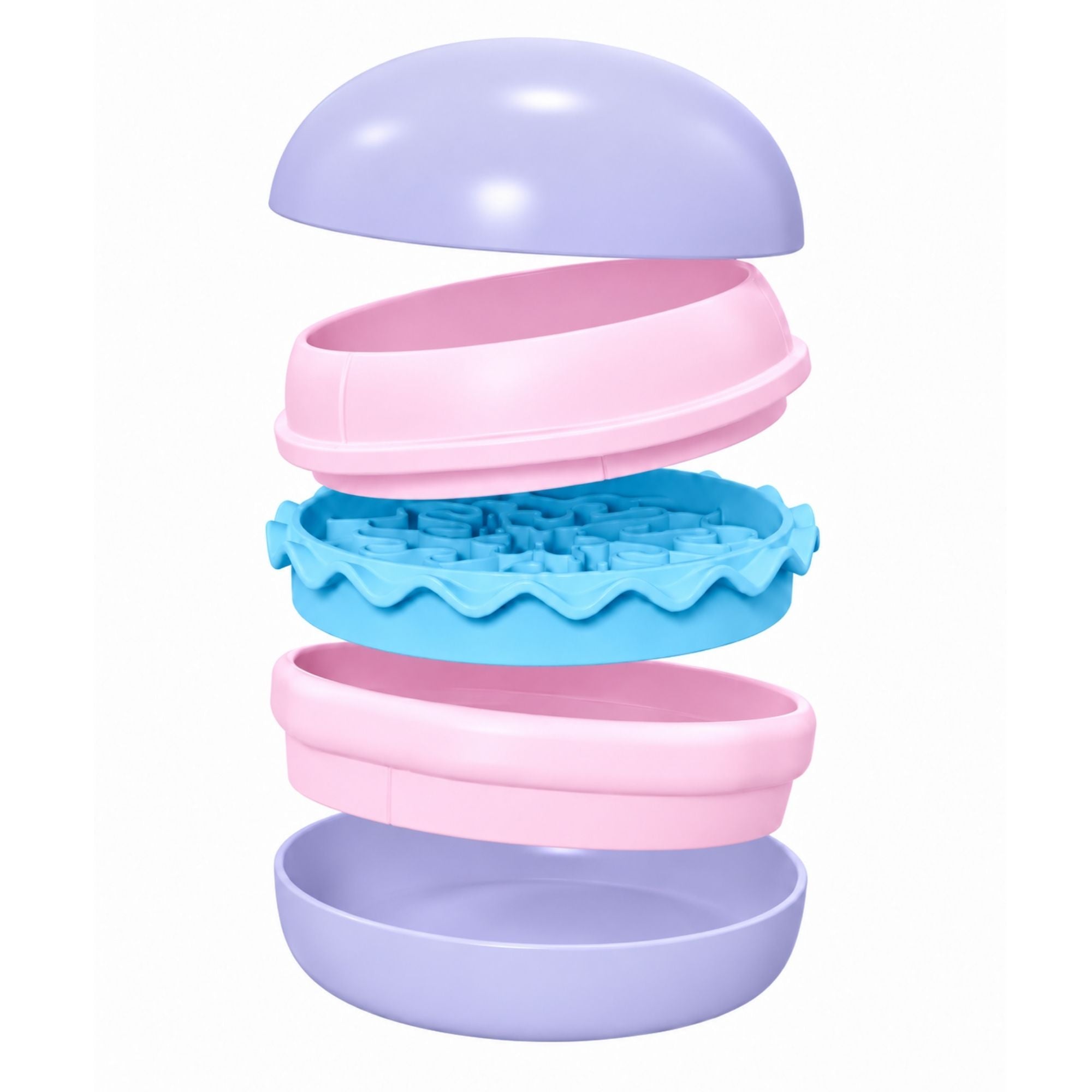 Purple hamburger-shaped Superdesign slow feeder pet bowl for dogs and cats