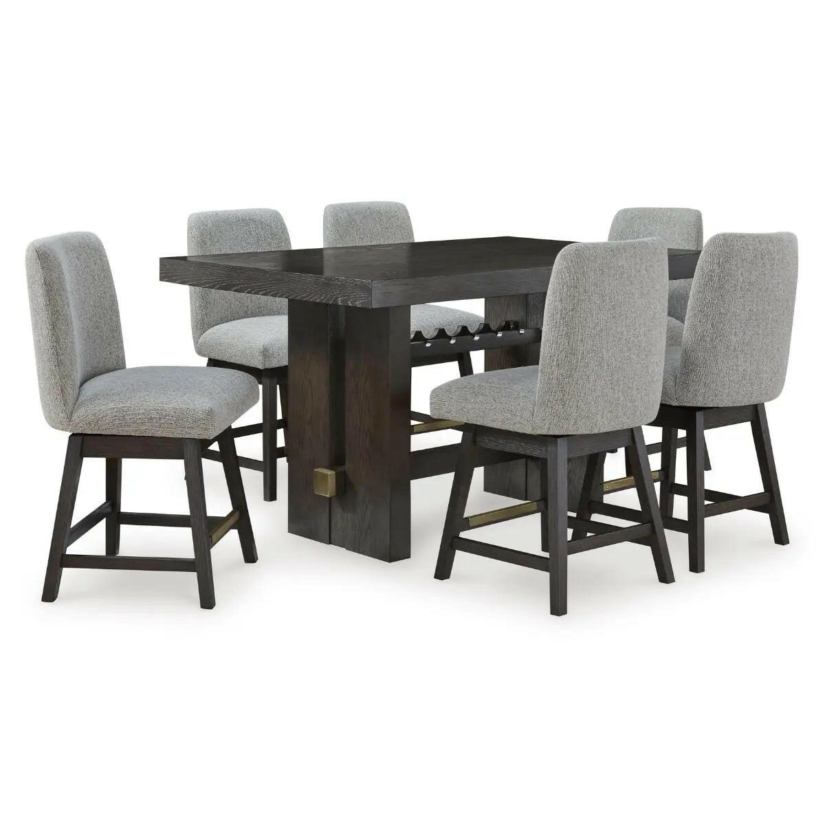 Dark brown Burkhaus pub dining set by Signature Ashley, featuring a table and matching chairs in a modern dining room setting.