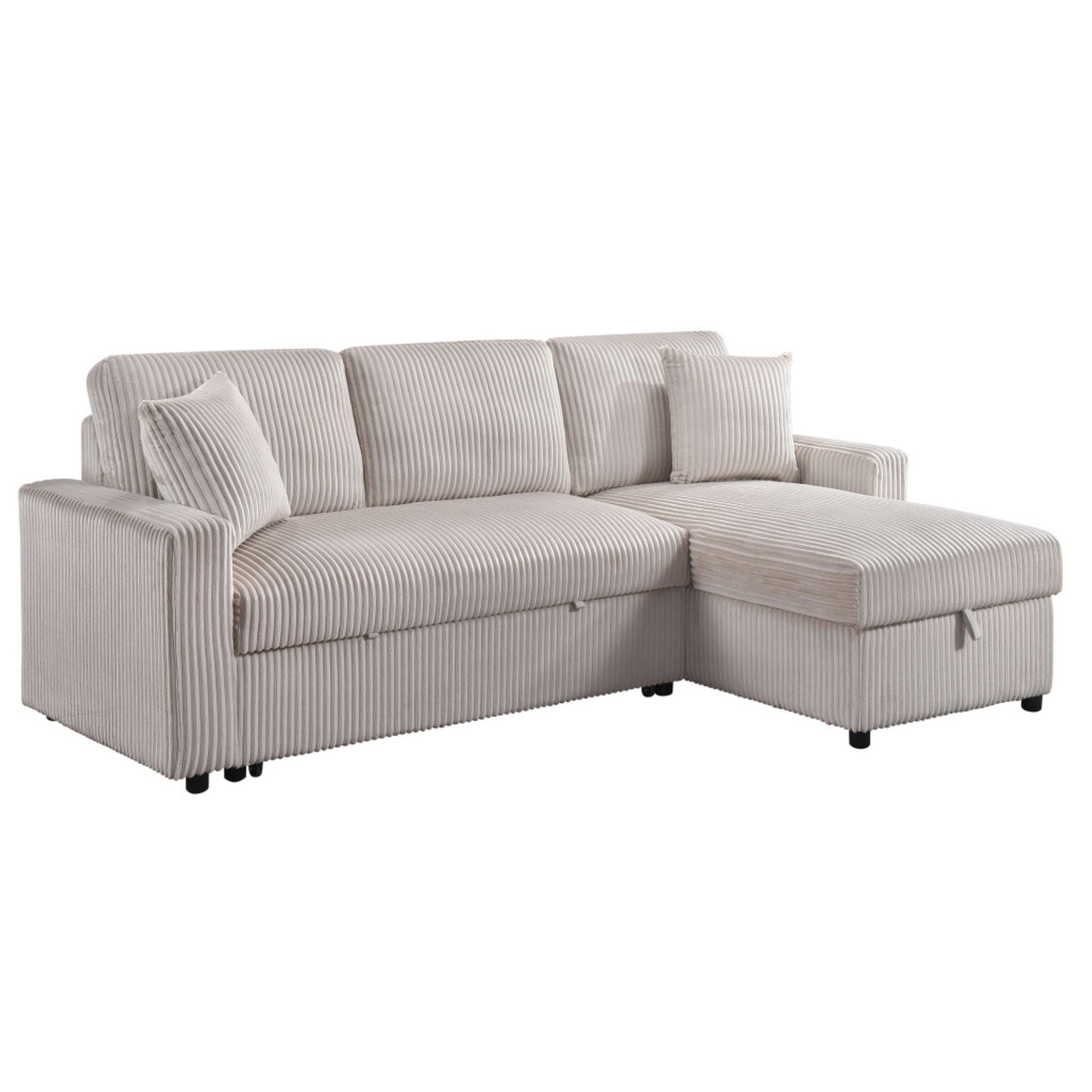 CastleUpData Brecker 2-piece reversible sectional sleeper in beige, showing the sofa with convertible bed and plush cushions.