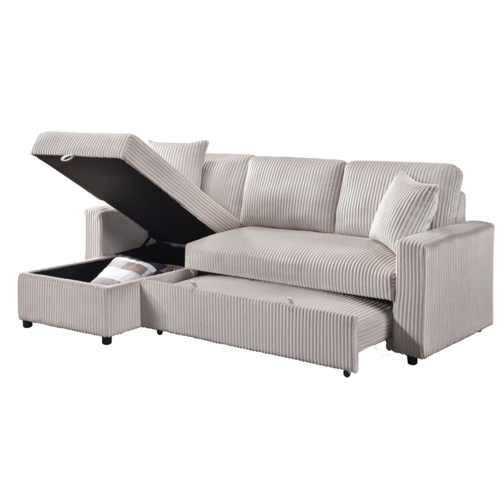 CastleUpData Brecker 2-piece reversible sectional sleeper in beige, showcasing cushioned seats and convertible sofa bed design.