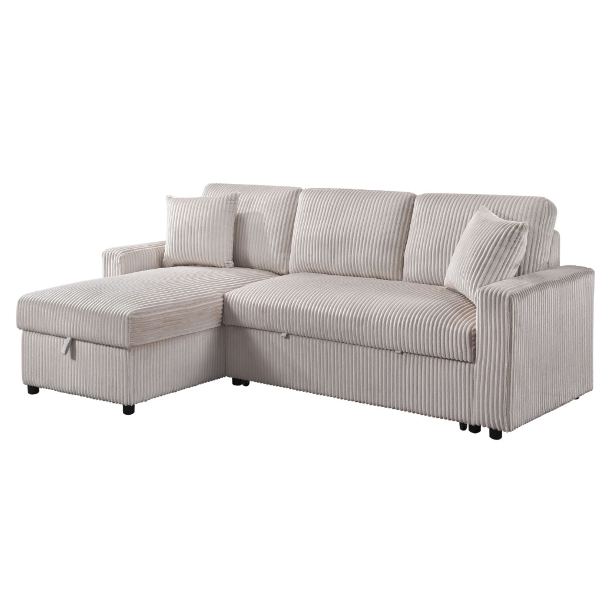 CastleUpData Brecker 2-piece reversible sectional sleeper in beige, showing plush fabric, cushions, and convertible design.
