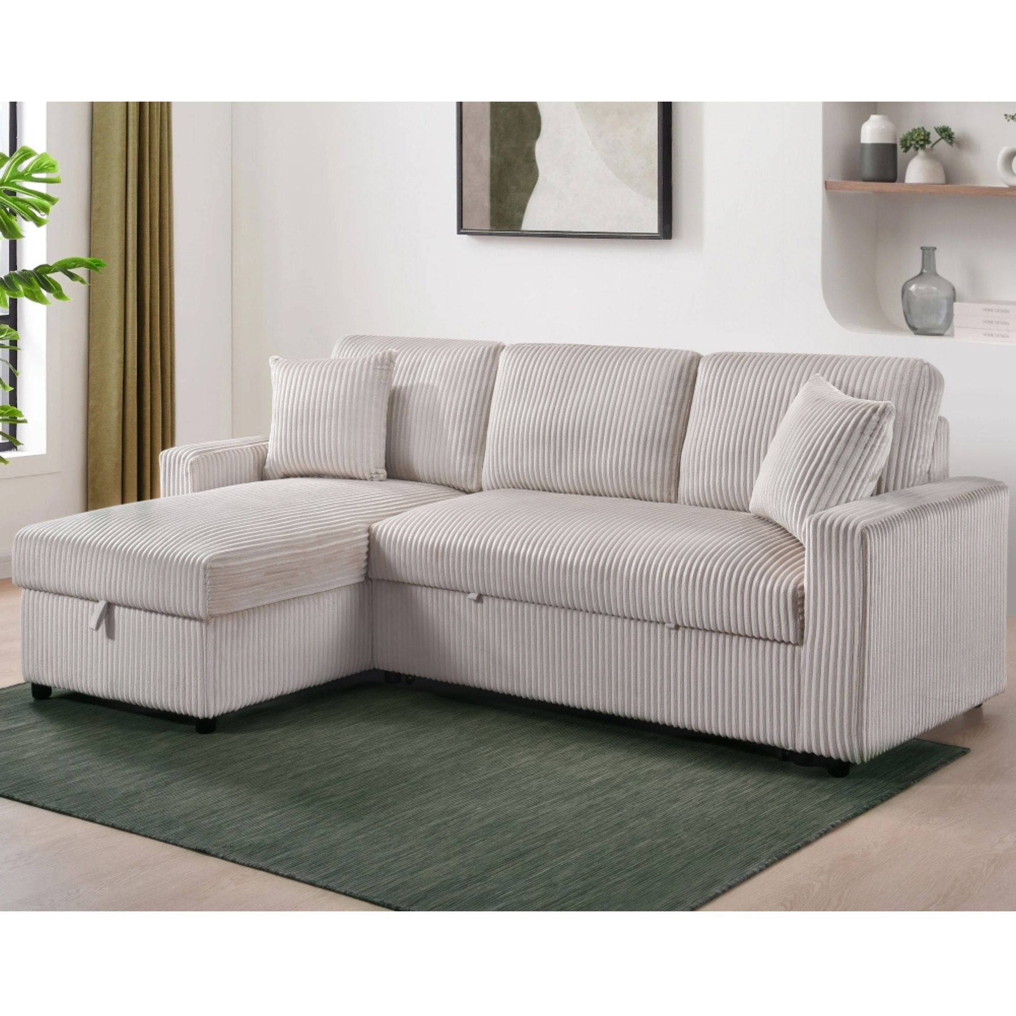 CastleUpData Brecker 2-piece reversible sectional sleeper in beige, showing the sofa with fold-out bed and plush cushions.
