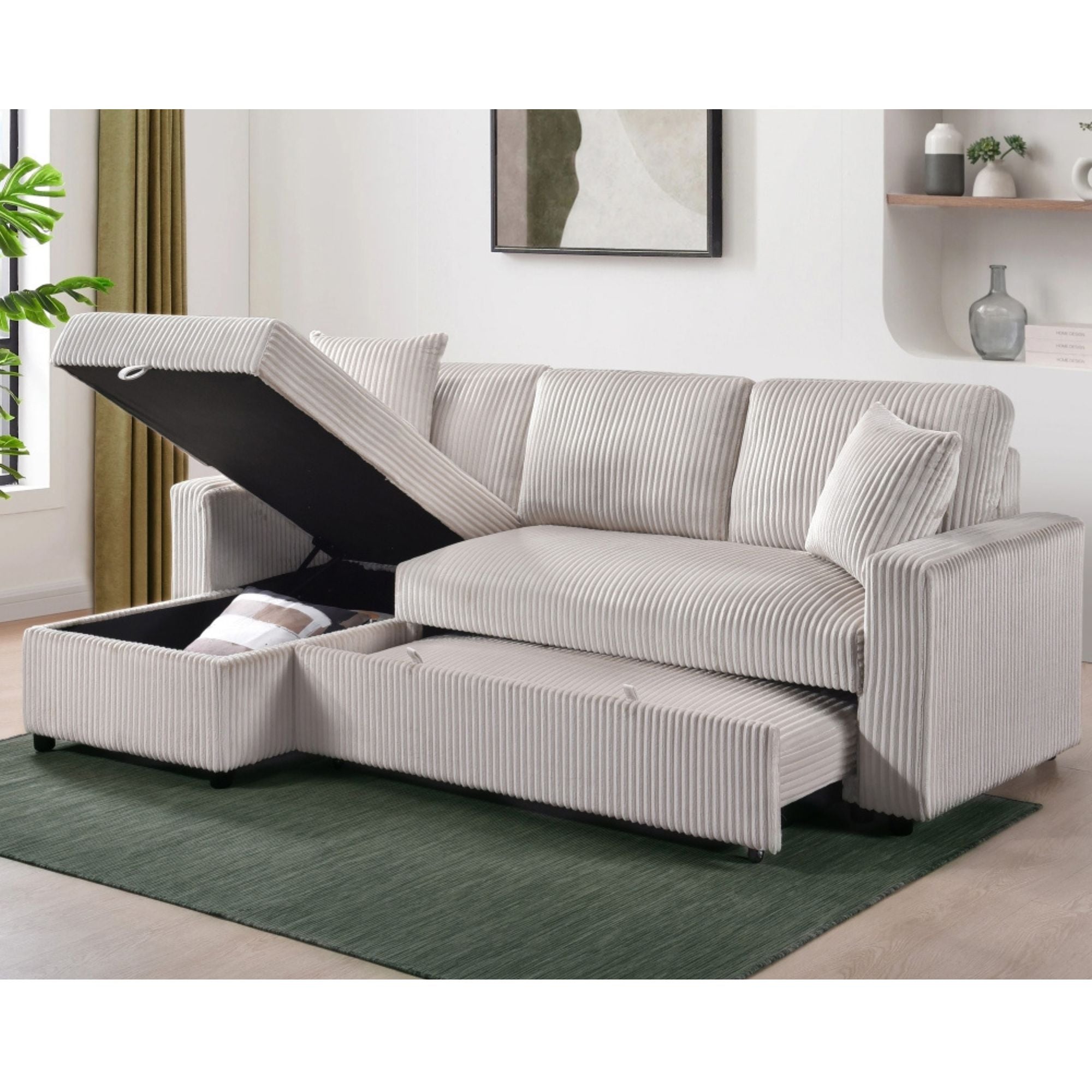 CastleUpData Brecker 2-piece reversible sectional sleeper in beige, showing the sofa with cushions and convertible bed feature.
