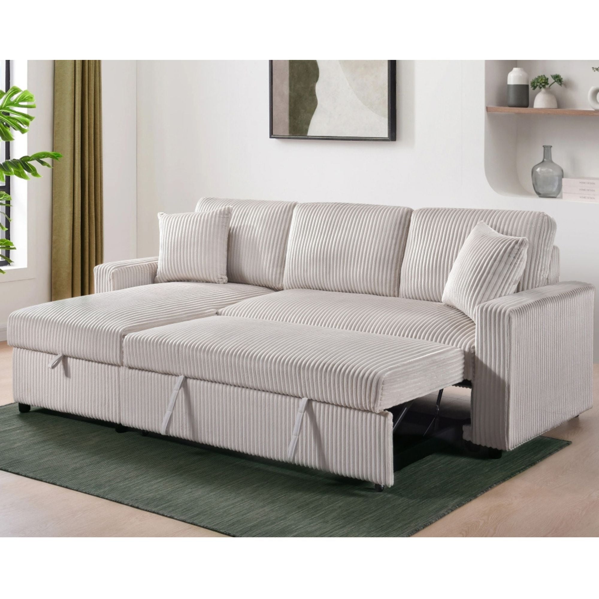 CastleUpData Brecker 2-piece reversible sectional sleeper in beige, showing the plush fabric, cushions, and convertible design.