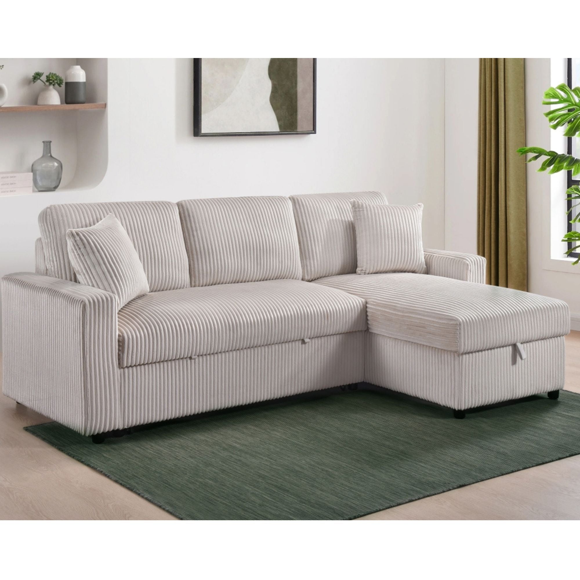 CastleUpData Brecker 2-piece reversible sectional sleeper in beige, featuring plush cushions and modern design for versatile living.