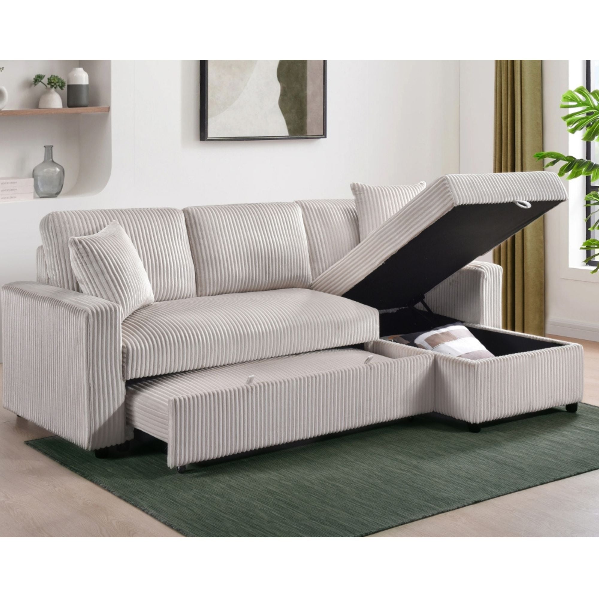 CastleUpData Brecker 2-piece reversible sectional sleeper in beige, showing the sofa with convertible bed and plush cushions.