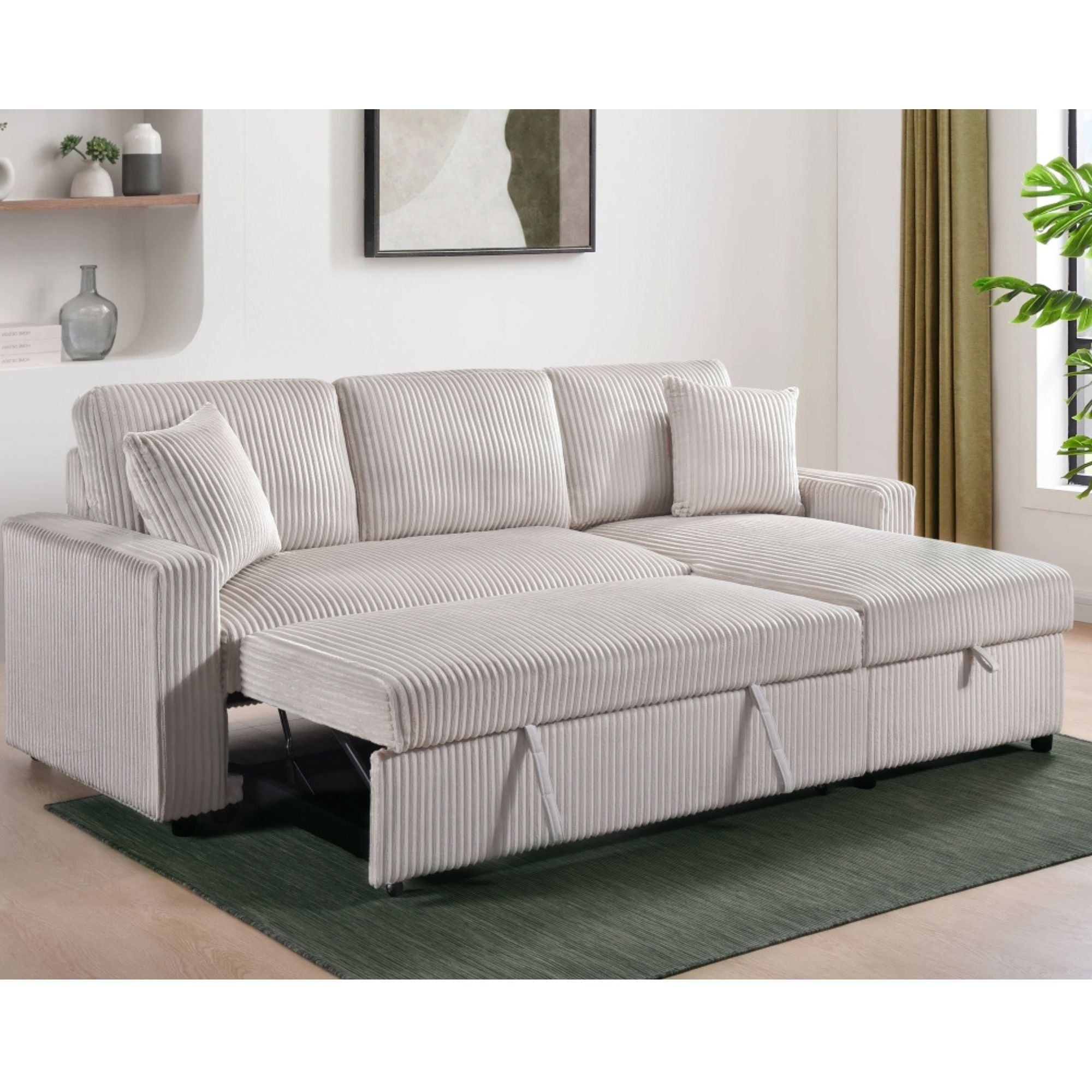 CastleUpData Brecker 2-piece reversible sectional sleeper in beige, showing the cozy sofa with convertible sleeping area.
