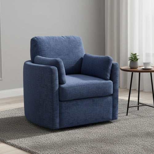 Blue polyester Canadian-made ComfortStyle Grant swivel accent chair with modern design and comfortable seating.