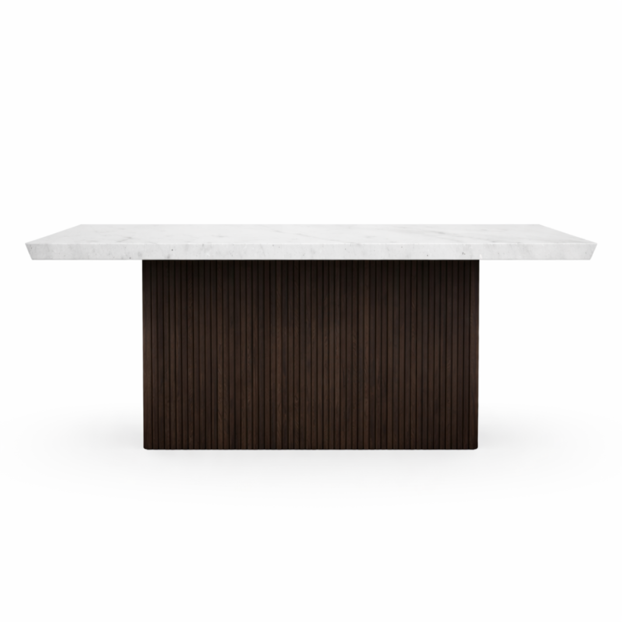 Brassex Messa rectangle marble dining table with espresso finish, showcasing sleek marble surface and sturdy wooden legs.