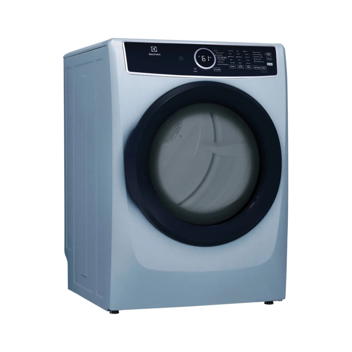 Electrolux ELFE743CAG electric dryer with control panel and door, white finish, and venting at the back.