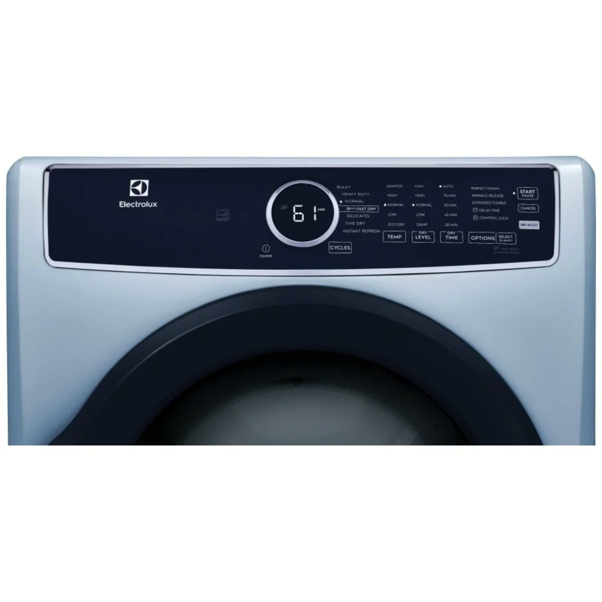 Electrolux ELFE743CAG electric dryer with control panel and drum door, white appliance for laundry drying.