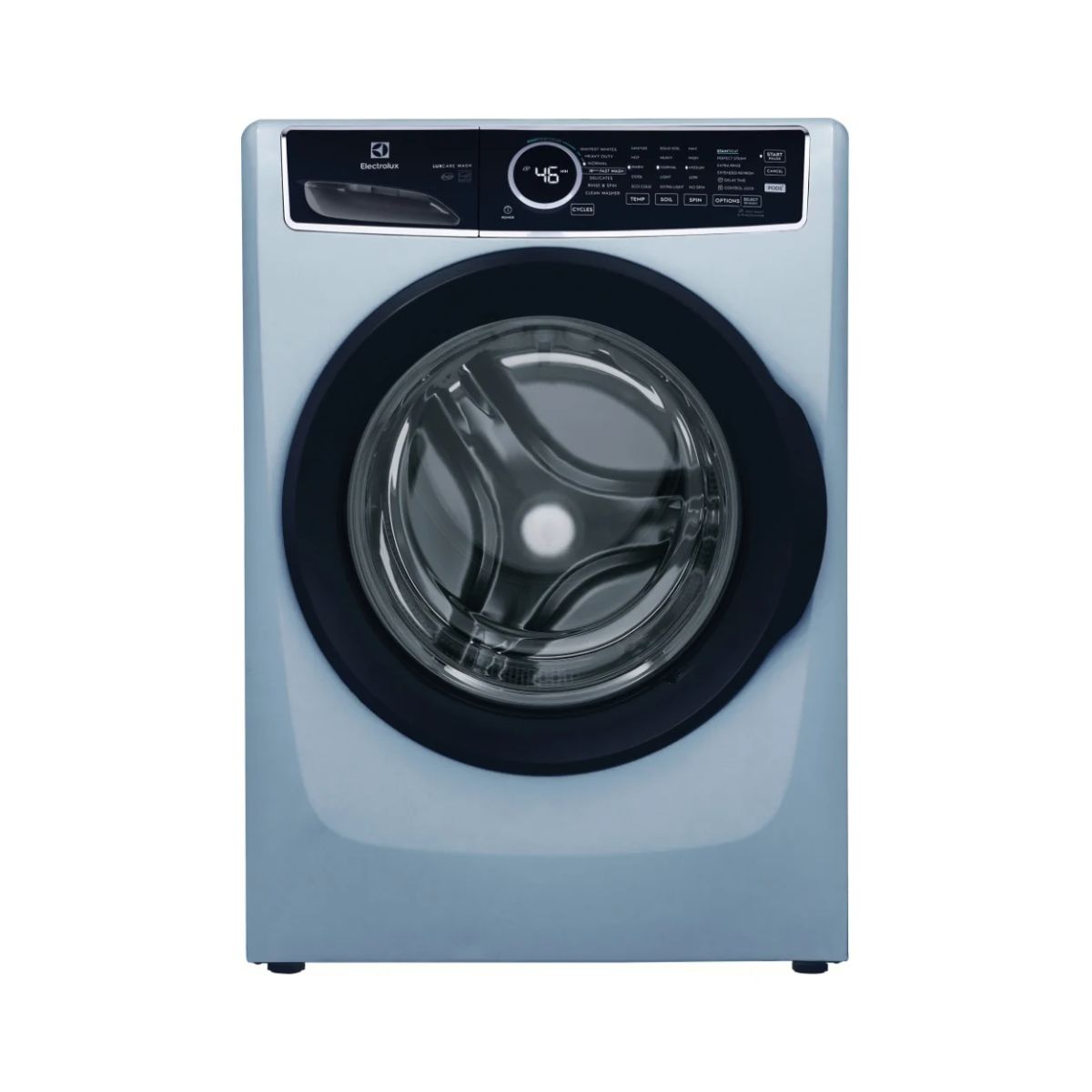 Electrolux ELFW7437AG front load washing machine with digital display and stainless steel drum, visible in the image.