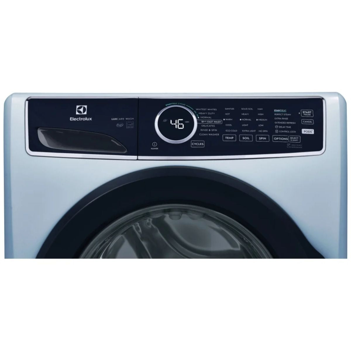 Electrolux ELFW7437AG front load washer with digital display, stainless steel drum, and control panel in a modern laundry room setting