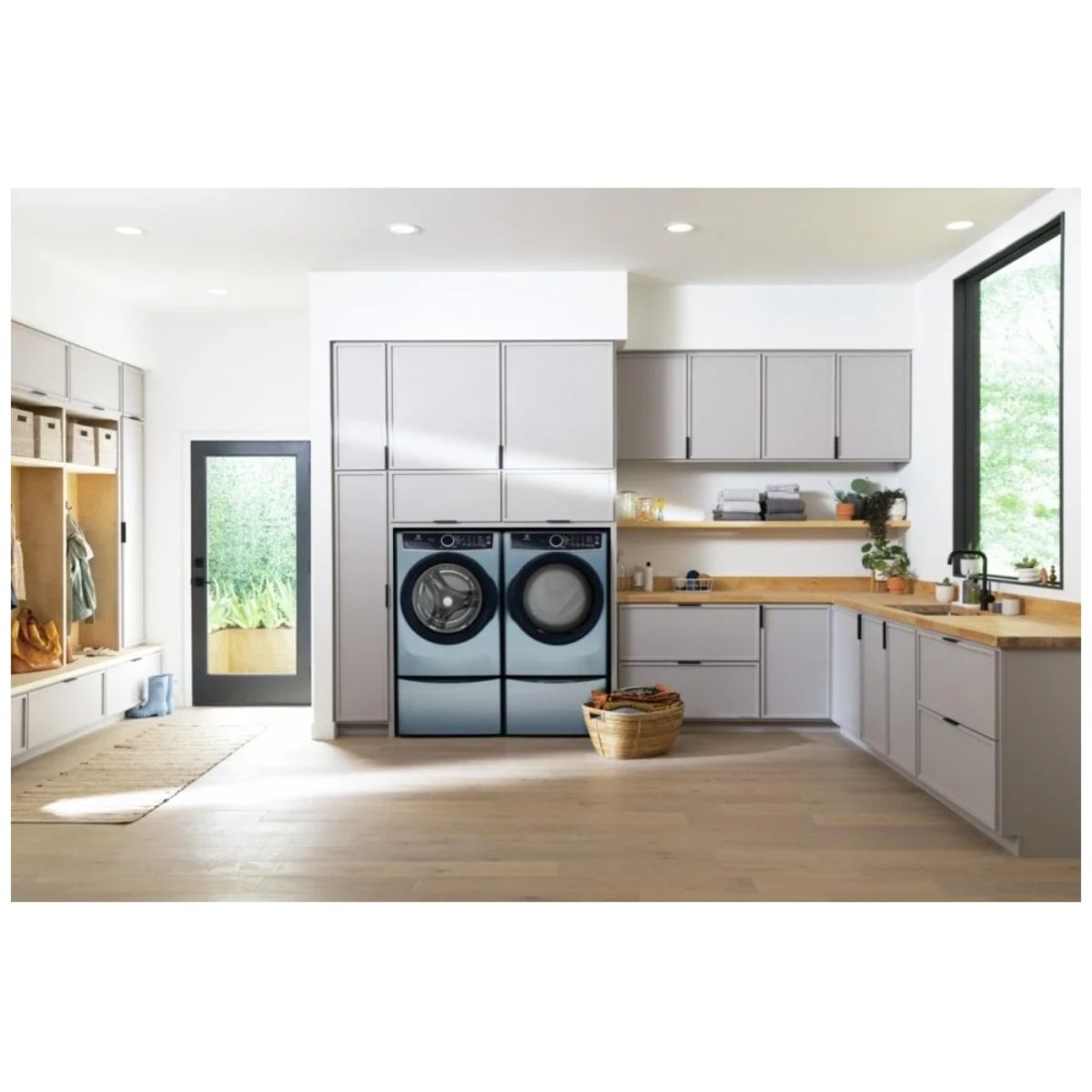 Electrolux ELFW7437AG front load washer in gray finish with round front door and digital control panel