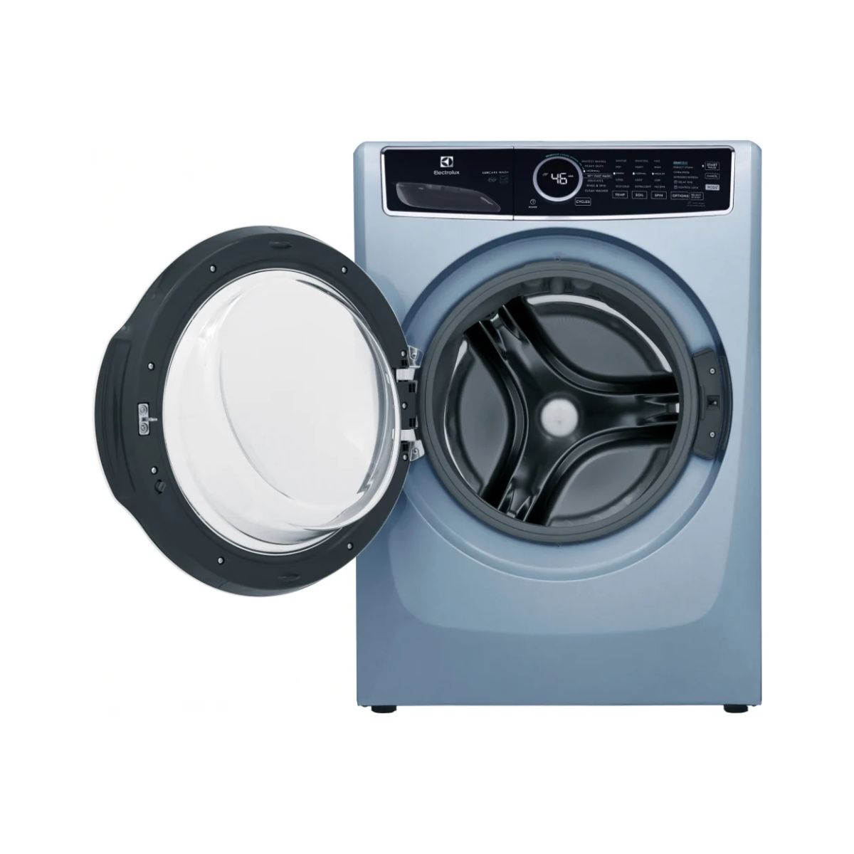 Electrolux ELFW7437AG front load washer with digital control panel and stainless steel drum, shown in a modern laundry room setting.