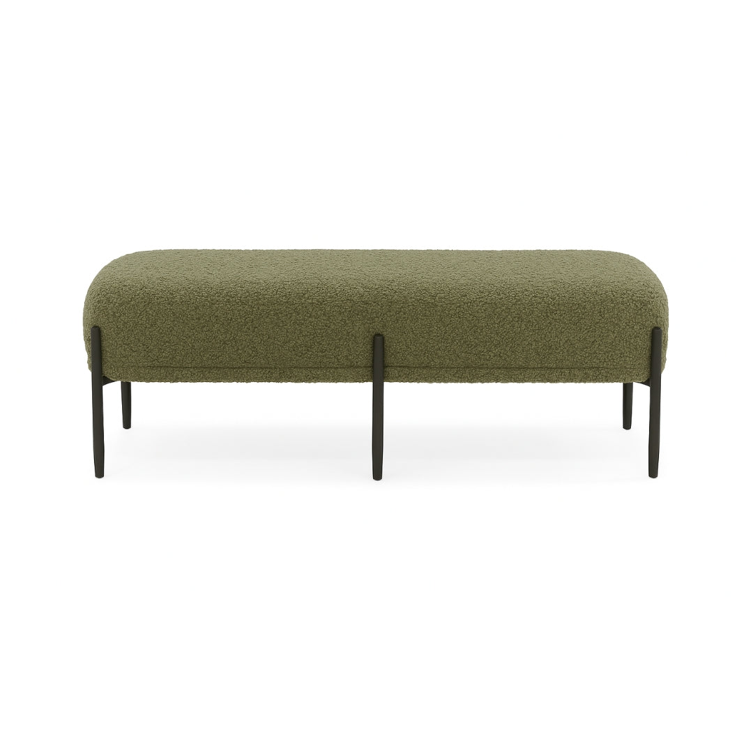 Green Vick Bench by Xcella, a stylish upholstered bench with a padded seat and wooden legs for versatile seating or decor.