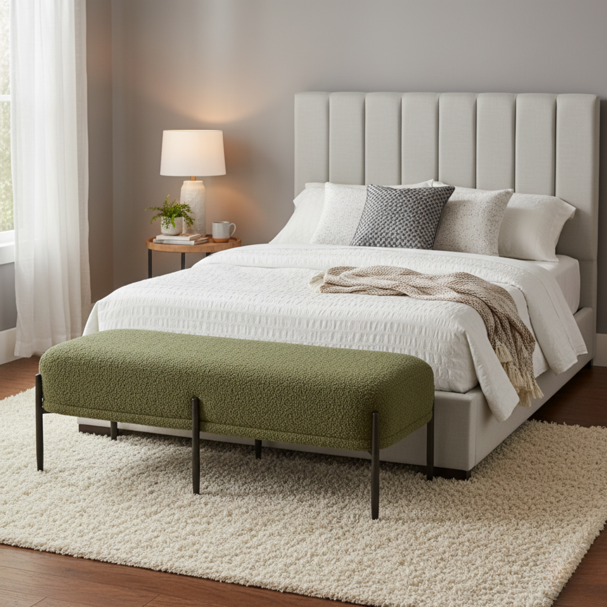 Green Vick Bench by Xcella, a stylish and comfortable bench in a vibrant green color, perfect for living room or hallway decor.