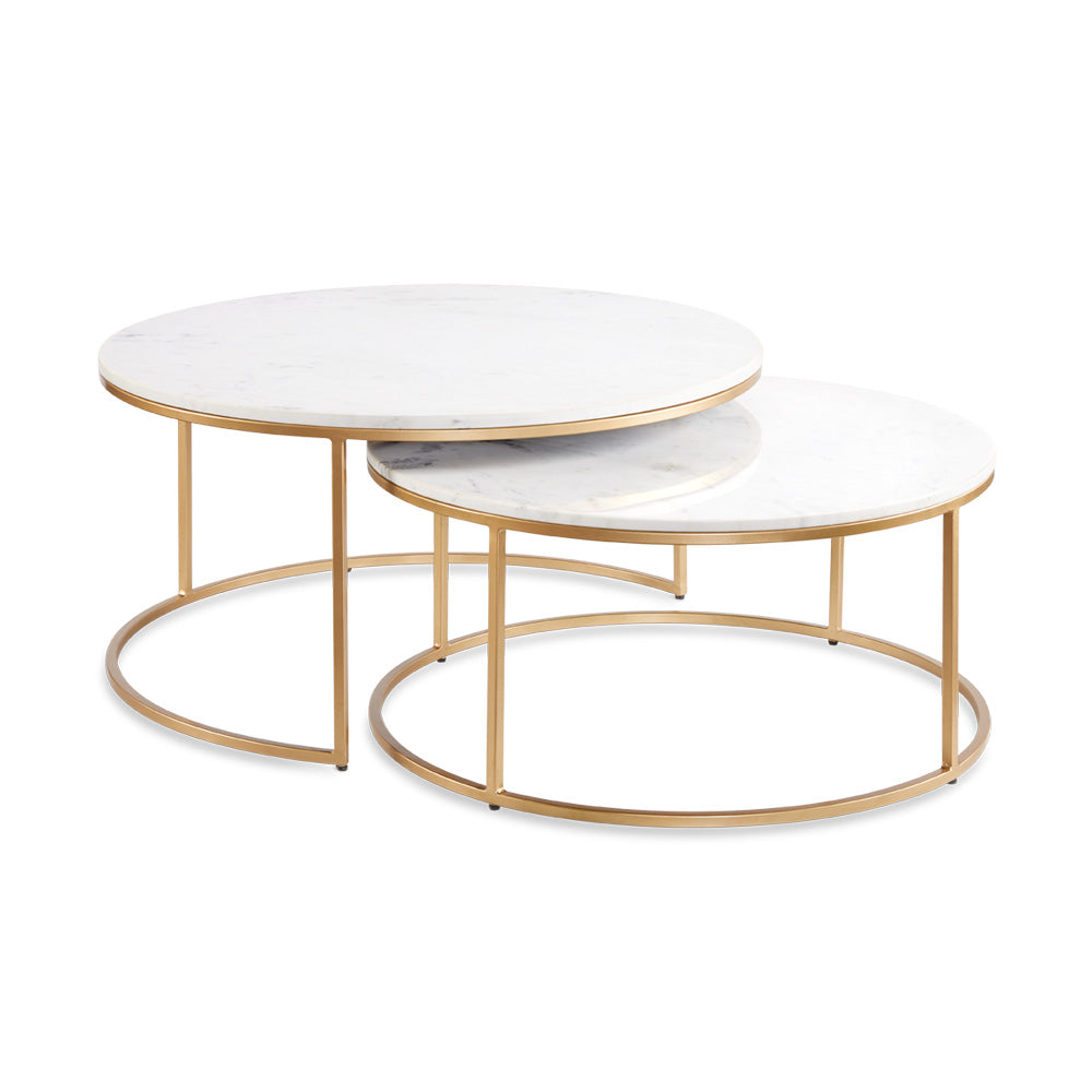 Xcella Amelia marble nesting coffee tables with gold finish and sleek design, featuring elegant marble tops and modern style.