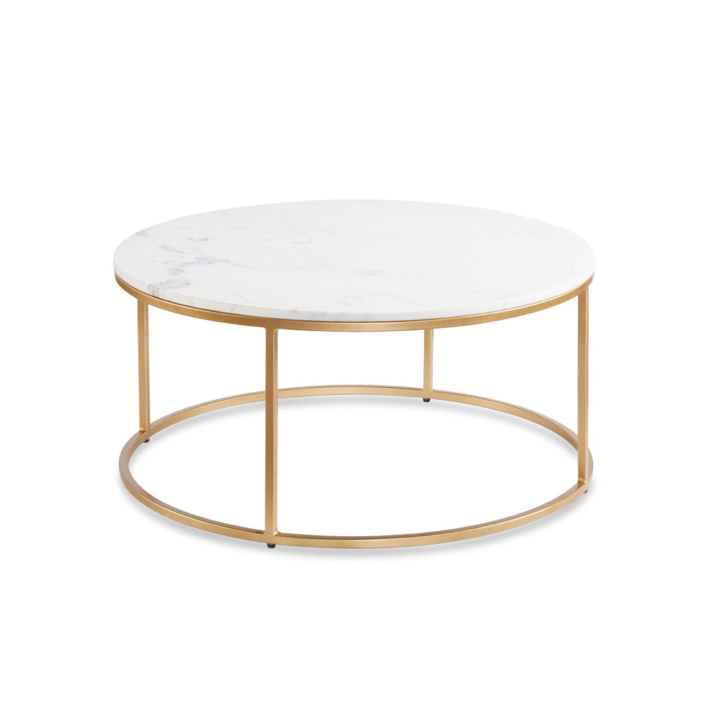 Xcella Amelia marble nesting coffee tables with gold brushed finish and elegant Celine marble tops, modern living room decor.