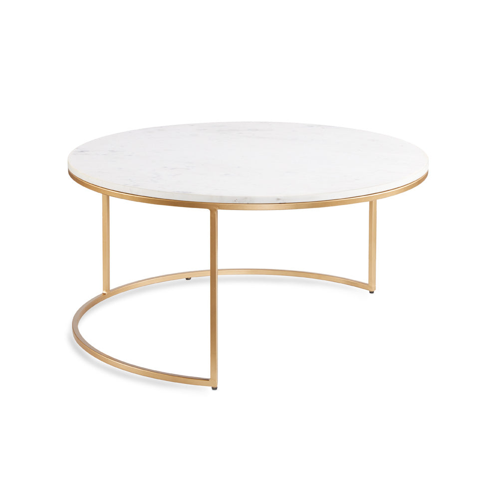 Xcella Amelia marble nesting coffee tables with gold finish and sleek design, featuring Celine marble tops and brushed gold accents.