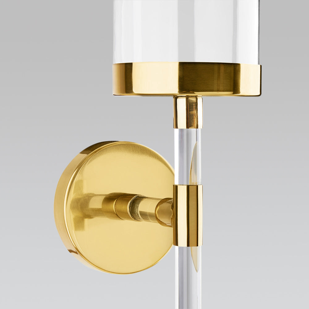 Gold acrylic wall sconce by Xcella, modern decor lighting fixture with sleek design and clear acrylic accents.