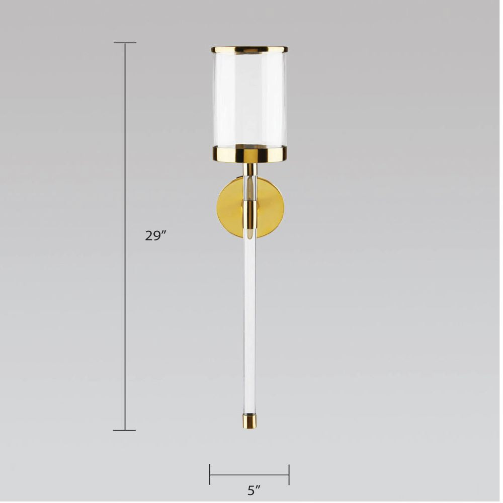 Gold acrylic wall sconce by Xcella, modern decorative lighting fixture mounted on a wall with a sleek design.