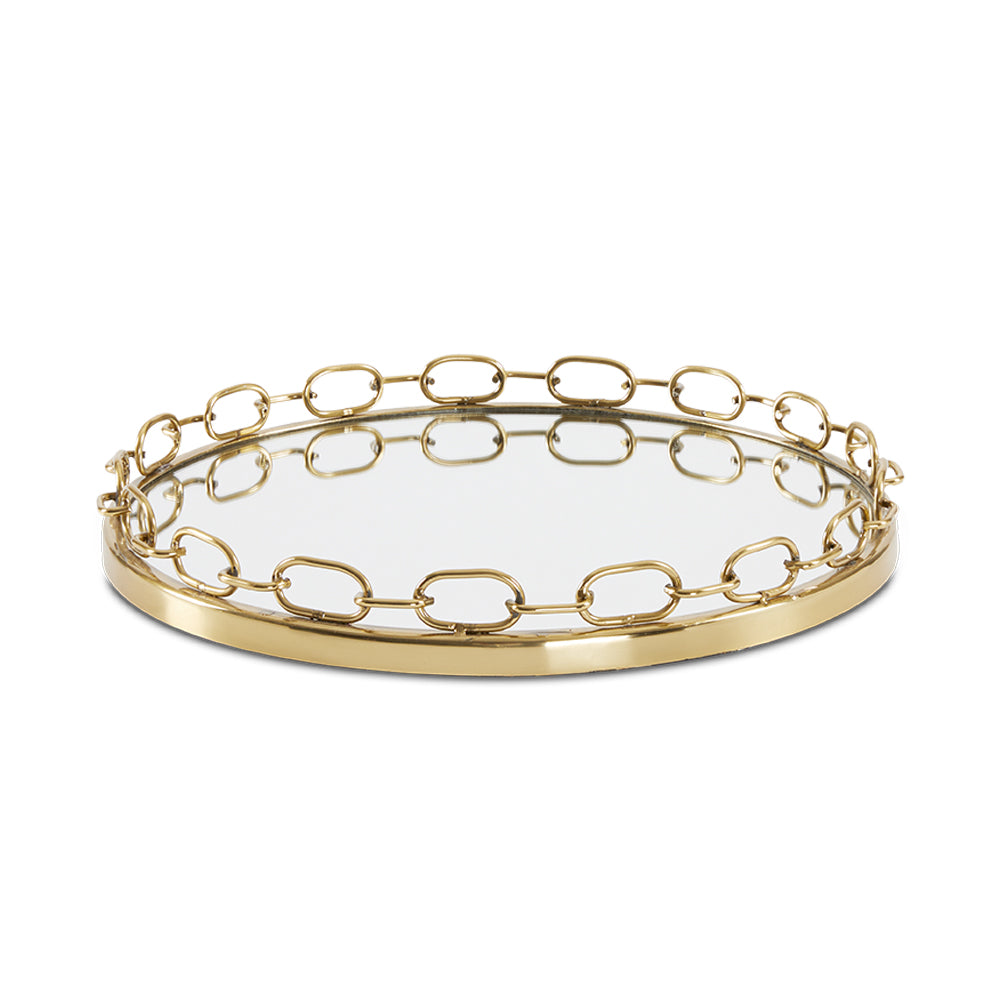 Gold chain link tray in 16-inch size, decorative Ella + Ross decor piece with a stylish geometric design.
