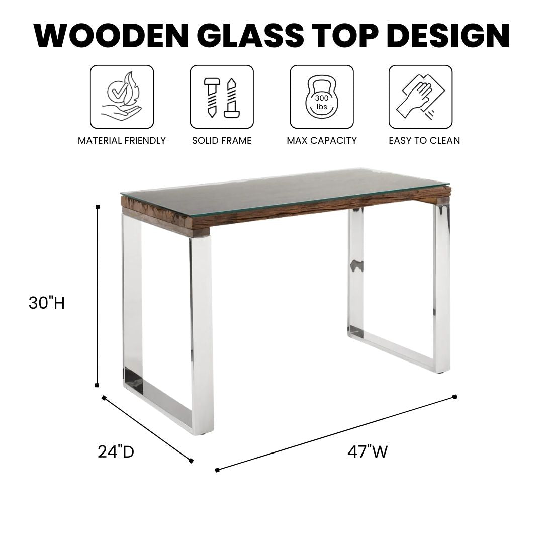 Ella + Ross Pheobe desk with a wooden frame and glass top, showcasing a modern office desk with sleek design.