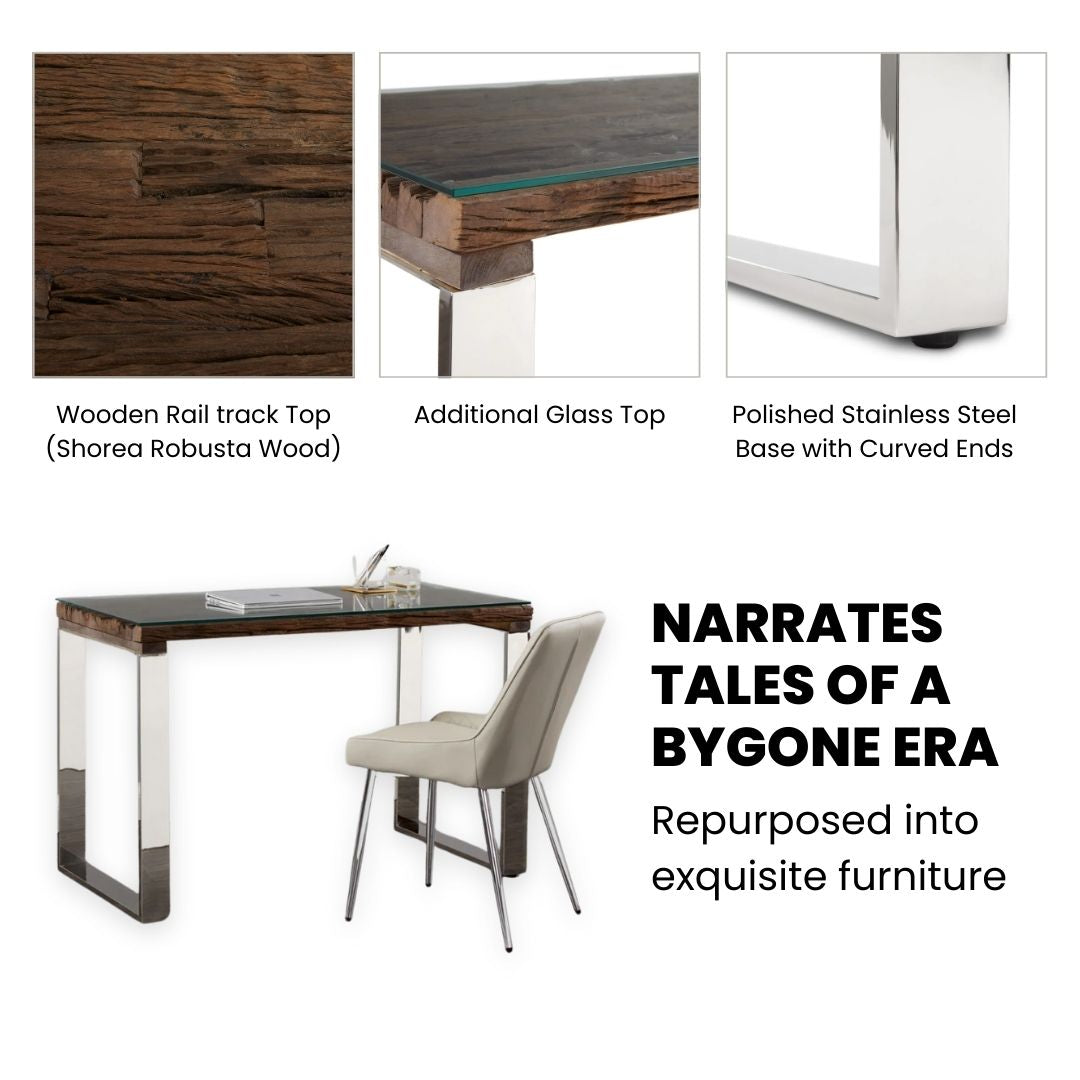 Ella + Ross Pheobe desk with a sleek wooden frame and glass top, showcasing a modern office workspace.