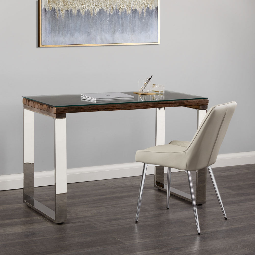 Ella + Ross Pheobe Desk with wood frame and glass top, shown in a modern home office setting.