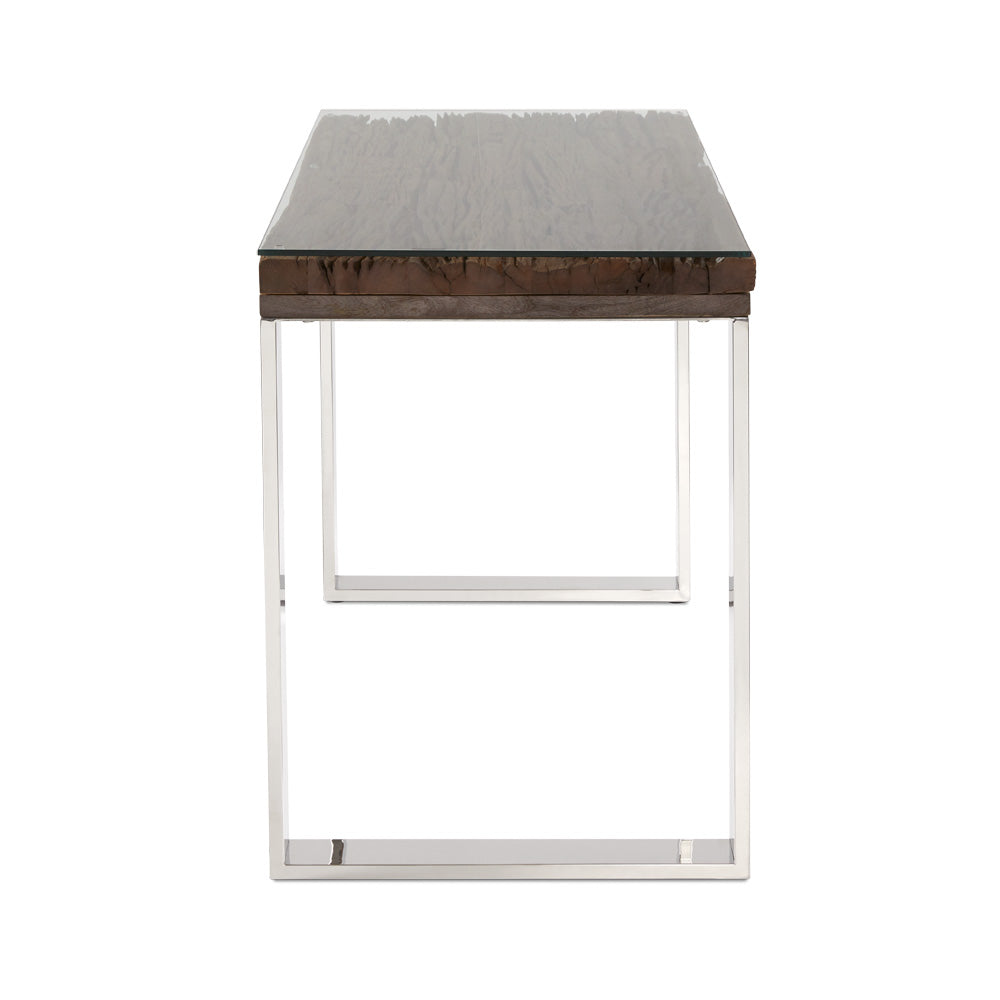 Ella + Ross Pheobe Desk with wood frame and glass top, shown from a side angle highlighting the modern desk design.