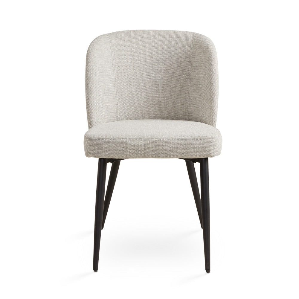 Ella + Ross Divya dining chair with beige linen upholstery and black legs, shown from the front.