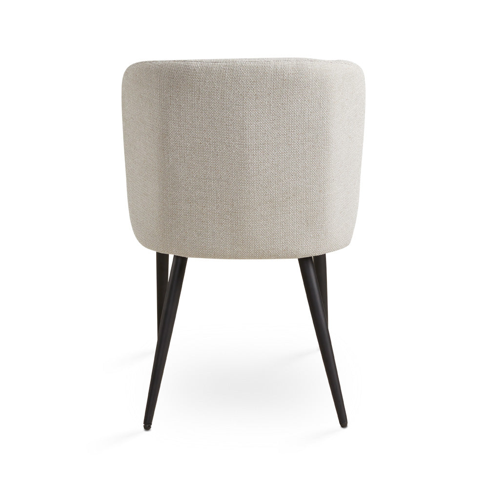Back view of Ella + Ross Divya Dining Chair in Silex beige linen with black legs, showcasing its stylish back design.