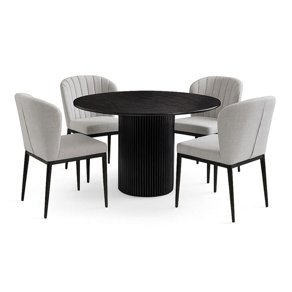 Xcella Harmony 5-piece dining table set with black wood table and four grey upholstered chairs, modern dining furniture for home.