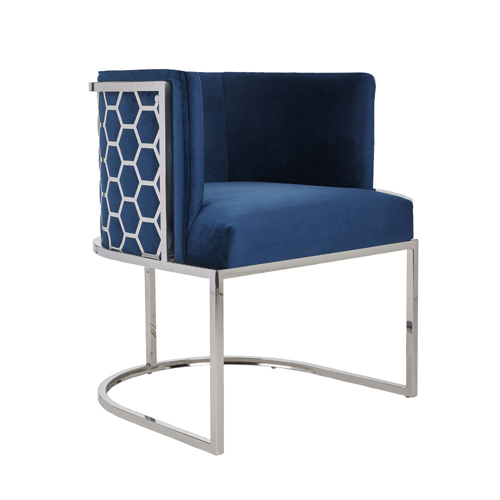Xcella Paloma 5-piece dining set in silver with blue accents, including table and chairs, designed for stylish dining rooms.