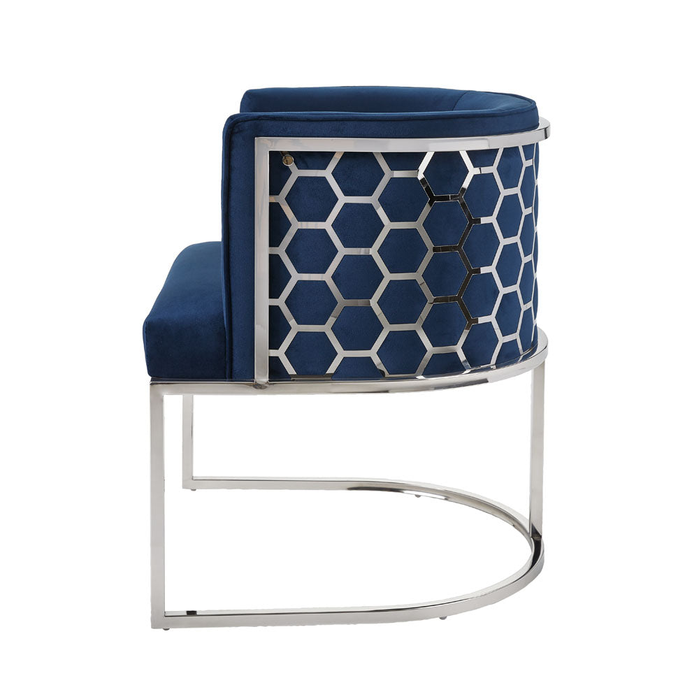 Xcella Paloma 5-piece dining set in silver with blue upholstery, includes table and chairs for a stylish dining room.