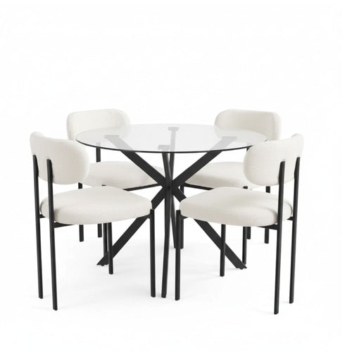 Xcella Frances 5-piece dining table set with cream glass table and black chairs, perfect for modern dining rooms.