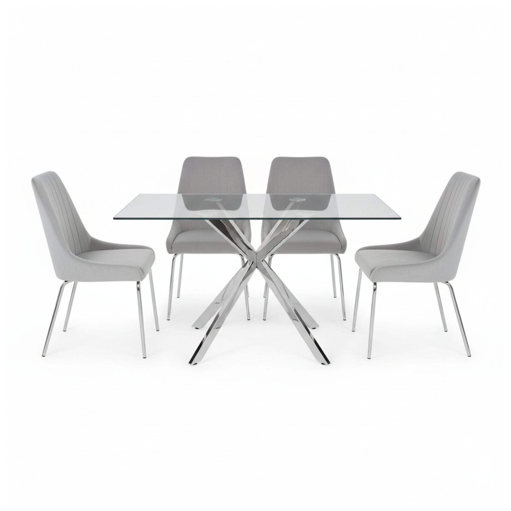Xcella Atlas 5-piece dining room set with grey glass table and four matching chairs, modern and stylish for dining spaces.