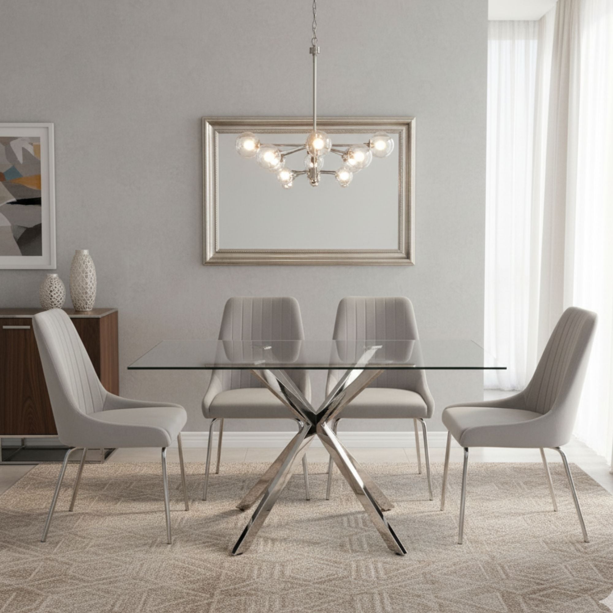 Xcella Atlas 5-piece dining room set with grey glass table and four matching chairs, modern and stylish for dining spaces