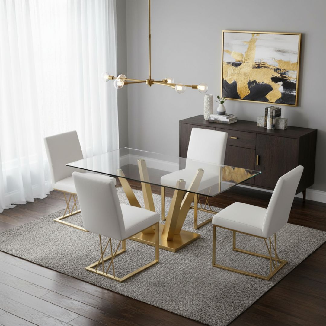 Yvon 5Pc Dining Set in Gold/ Brushed Gold | CastleUp Experience Centre