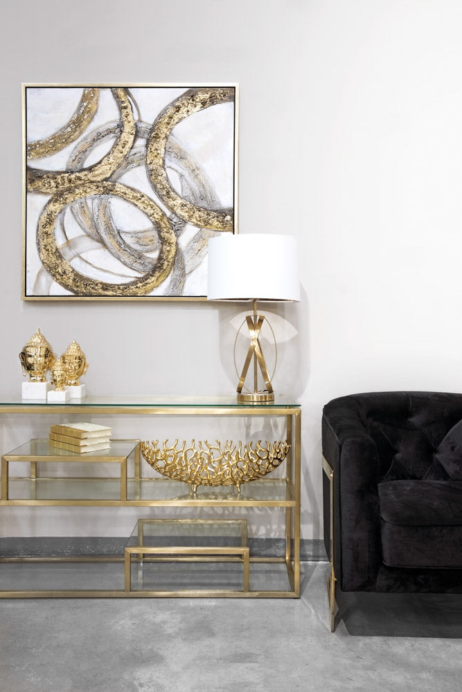 Gold abstract Ringlet Wall Art poster by Xcella featuring modern, swirling canvas design for contemporary home decor.