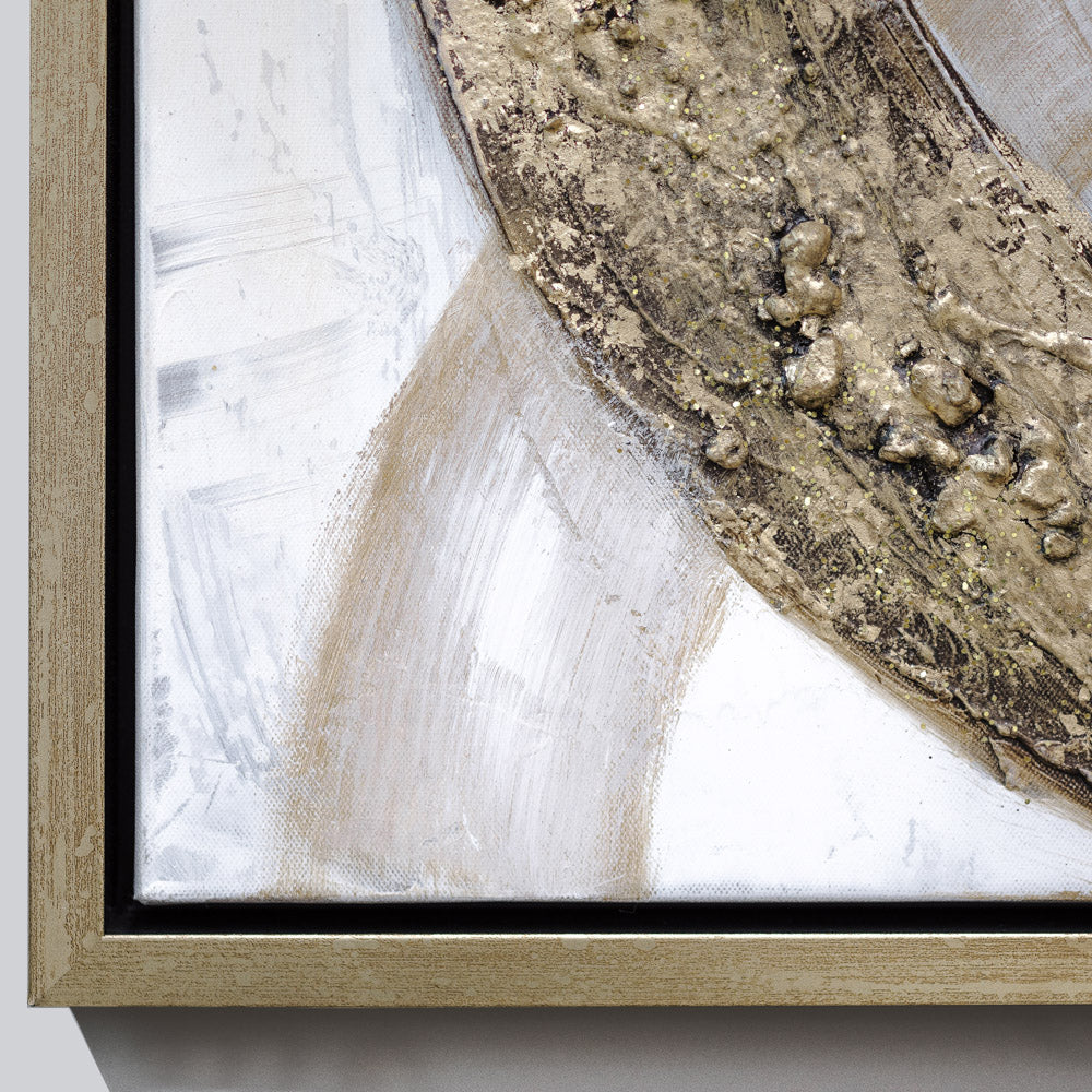 Gold abstract Ringlet wall art by Xcella, featuring modern canvas poster with swirling design and textured visual artwork.