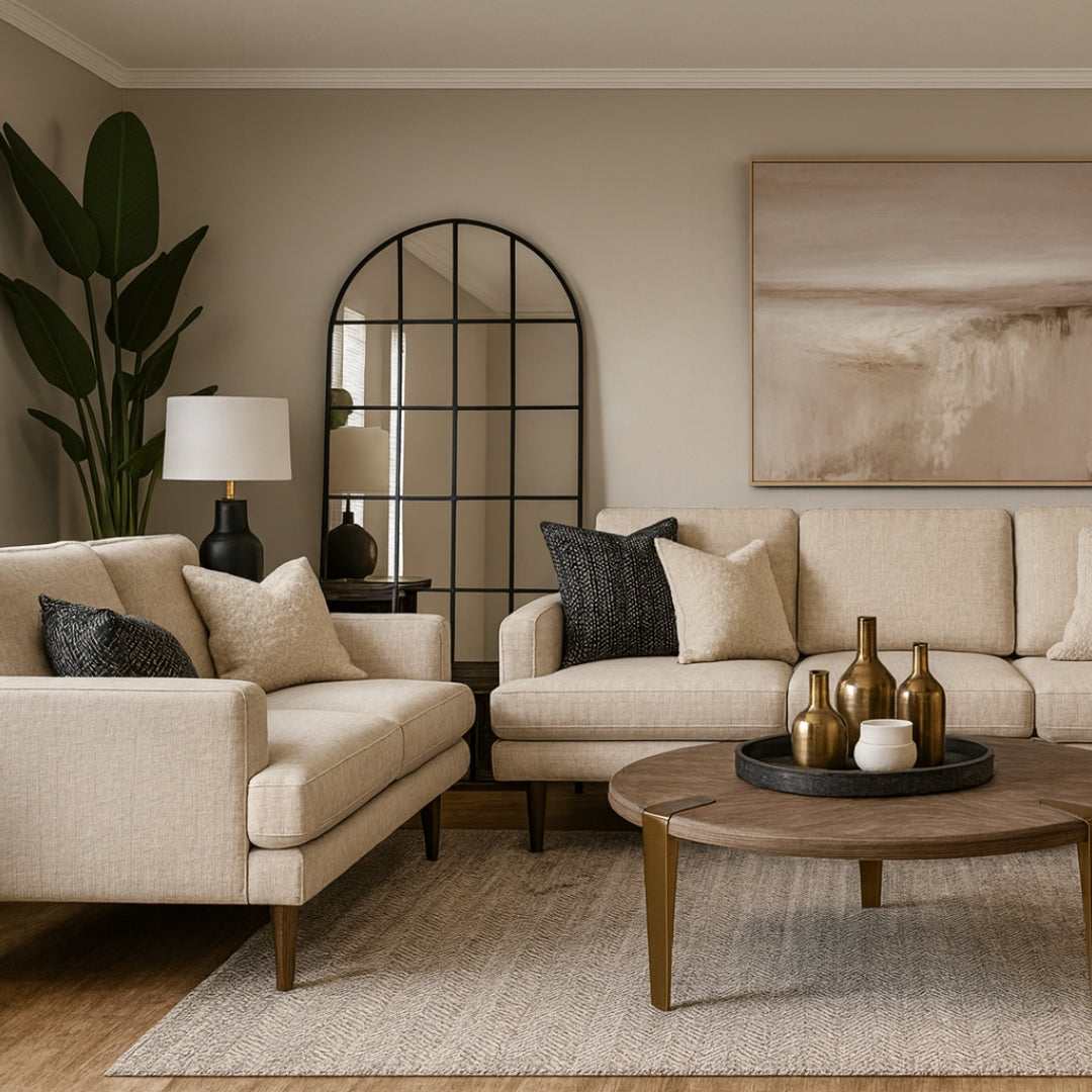 Xcella Wilma Sofa in beige, stylish living room with plush cushions and modern design for comfortable seating.