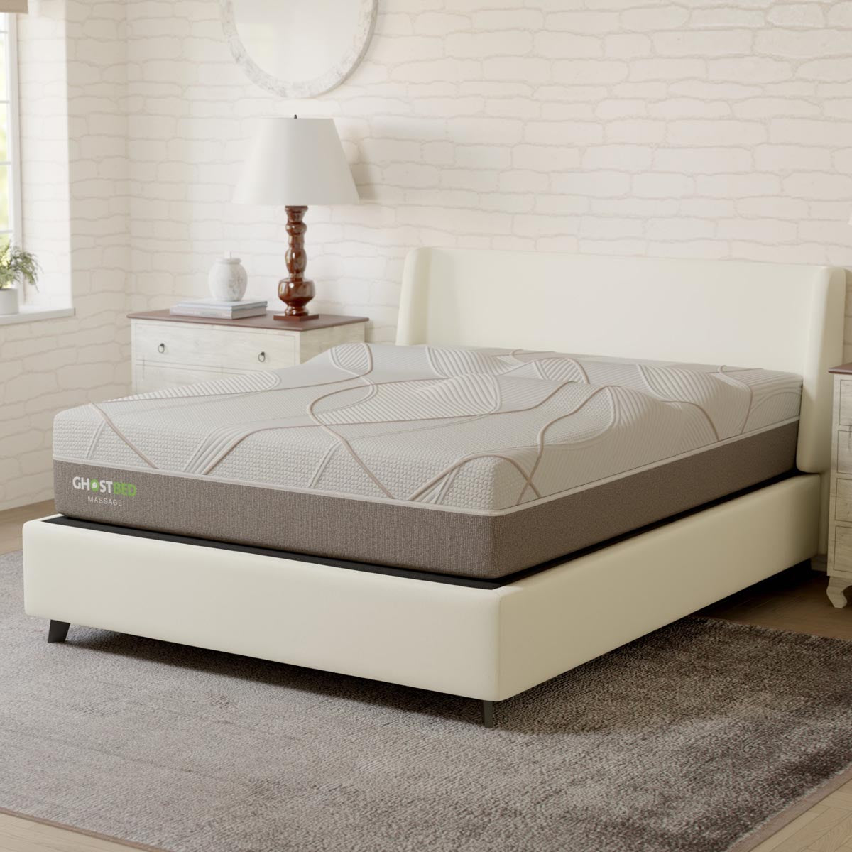 Queen GhostBed 12-inch massage foam mattress with plush surface and supportive layers, designed for comfort and restful sleep.