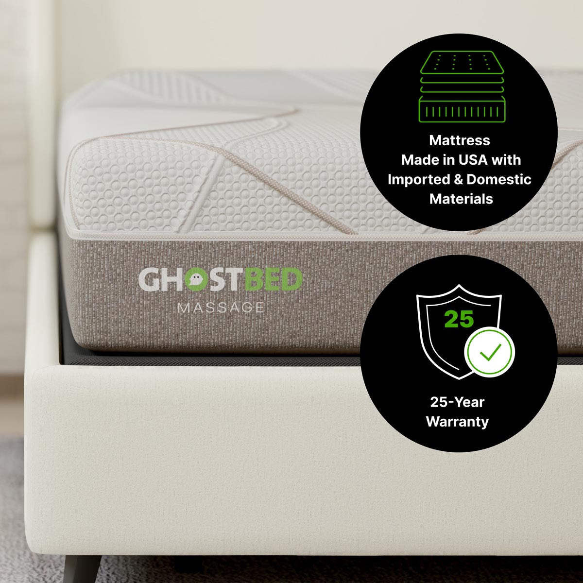 Queen GhostBed 12-inch massage foam mattress showing plush surface and supportive construction for restful sleep.