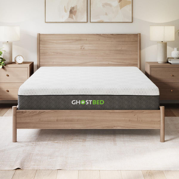 GhostBed Heritage 11-inch hybrid mattress with quilted top and supportive layers, showcasing a plush, comfortable sleep surface.